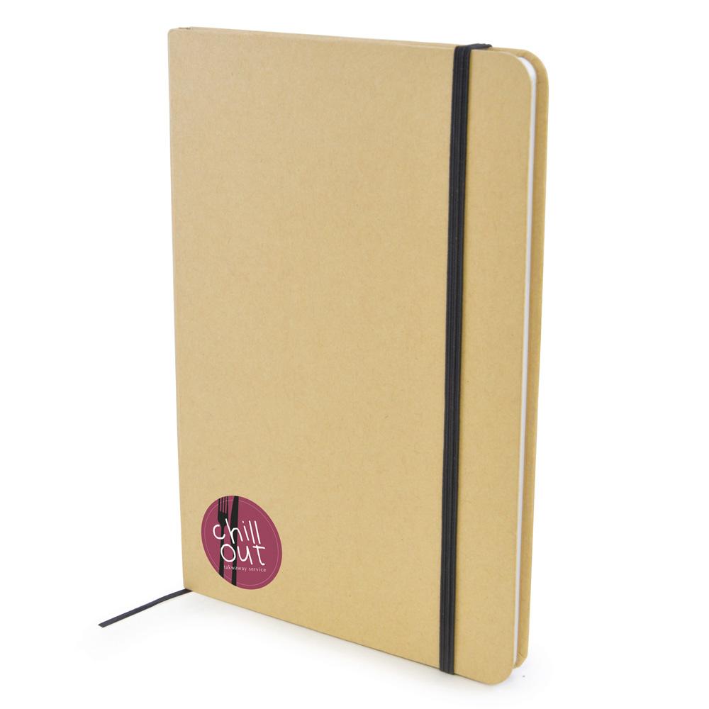 Recycled A5 natural notepad with coloured bookmark and coloured elastic closure. Notepad contains 90 lined sheets.