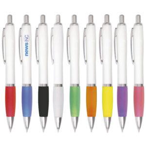 A curvy push action ball pen with a huge choice of grip colours.